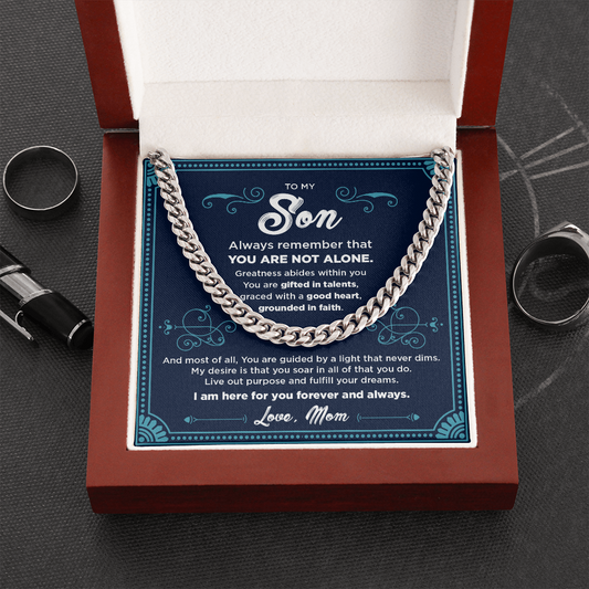 To My Son Cuban Chain Necklace with Blue & Teal Message Card