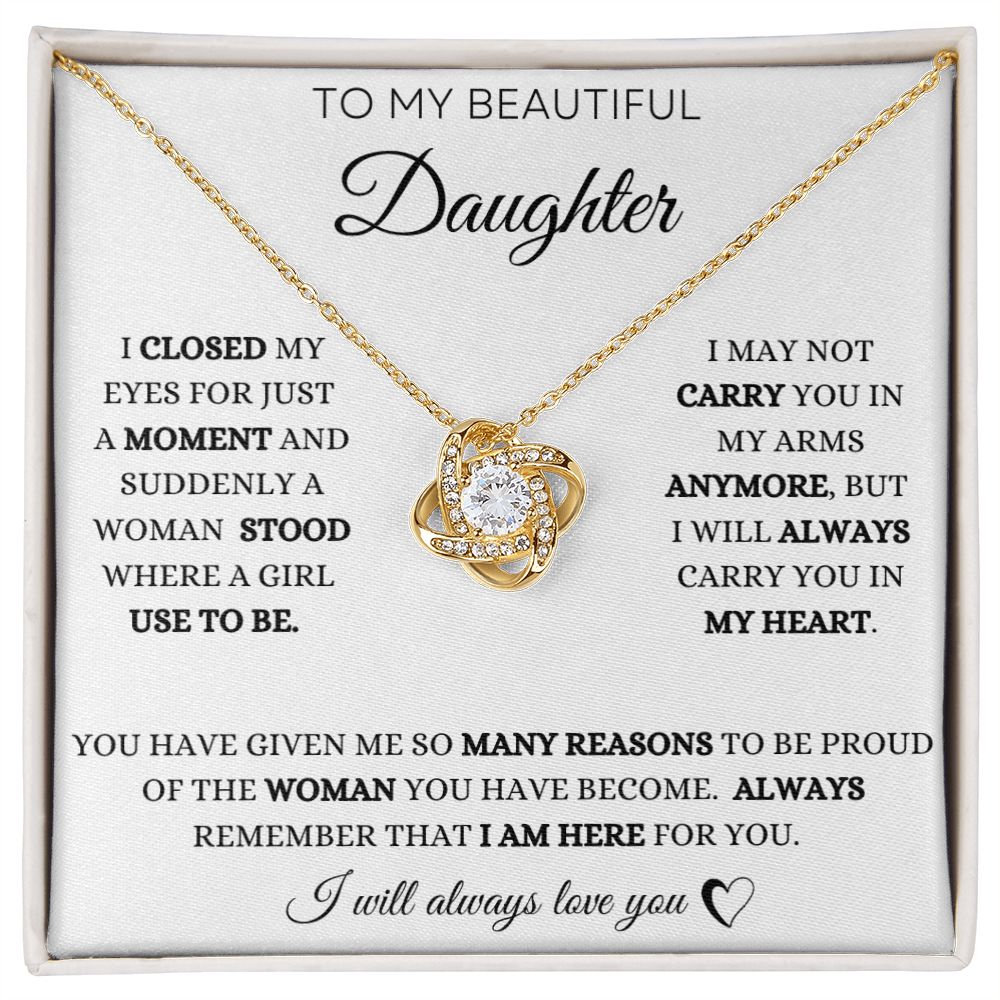 To My Daughter Love Knot Necklace - White Card - BlackText