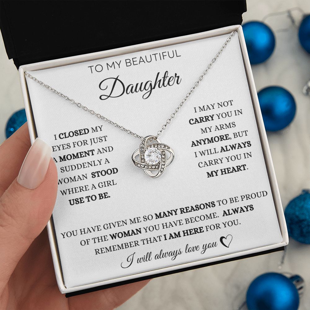 To My Daughter Love Knot Necklace - White Card - BlackText