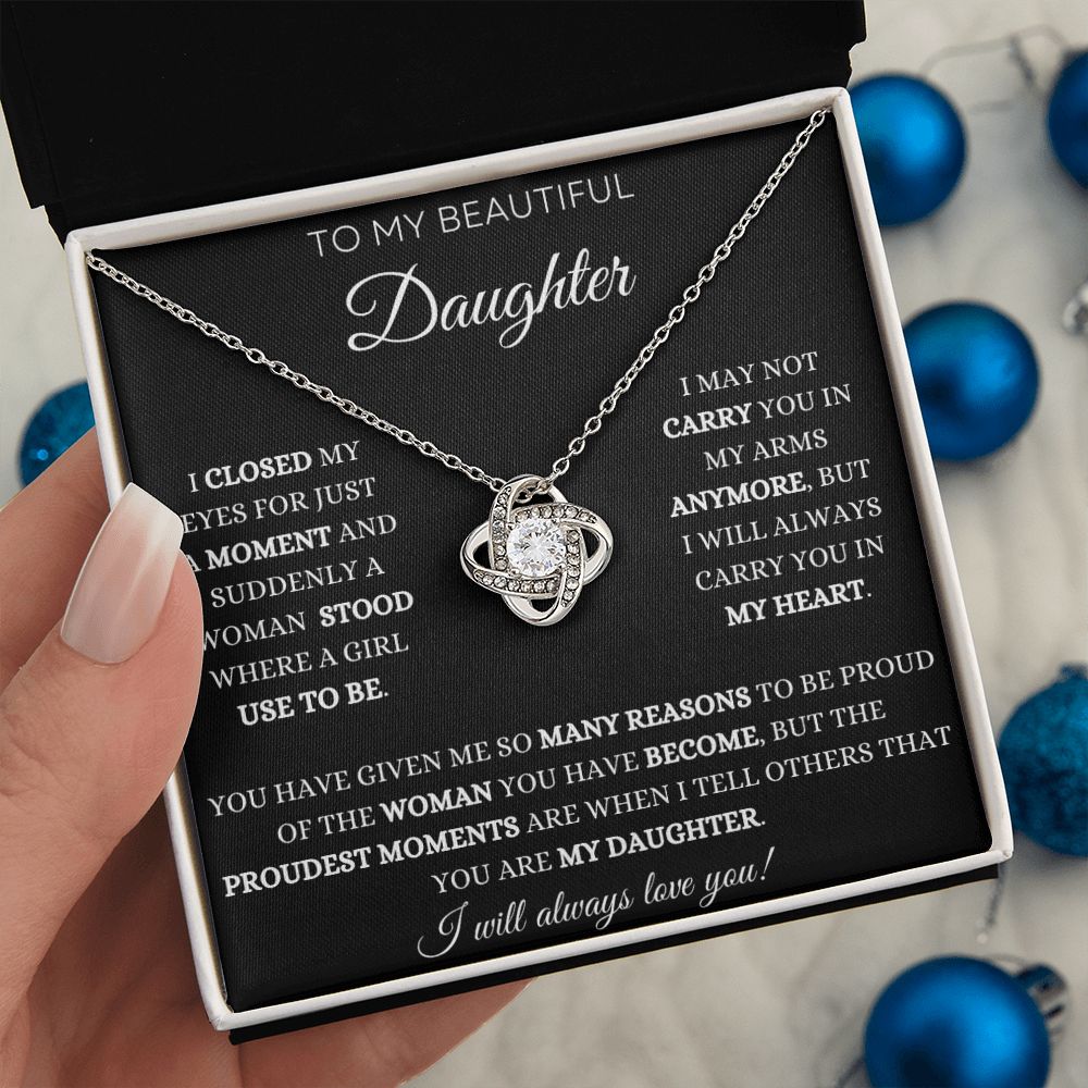 To My Daughter - Proud Moments - Love Knot Necklace - Black Card - White Text