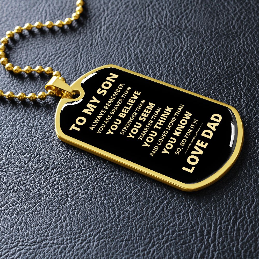 To My Son | Go for It Dog Tag Necklace | From Dad | Gold Font