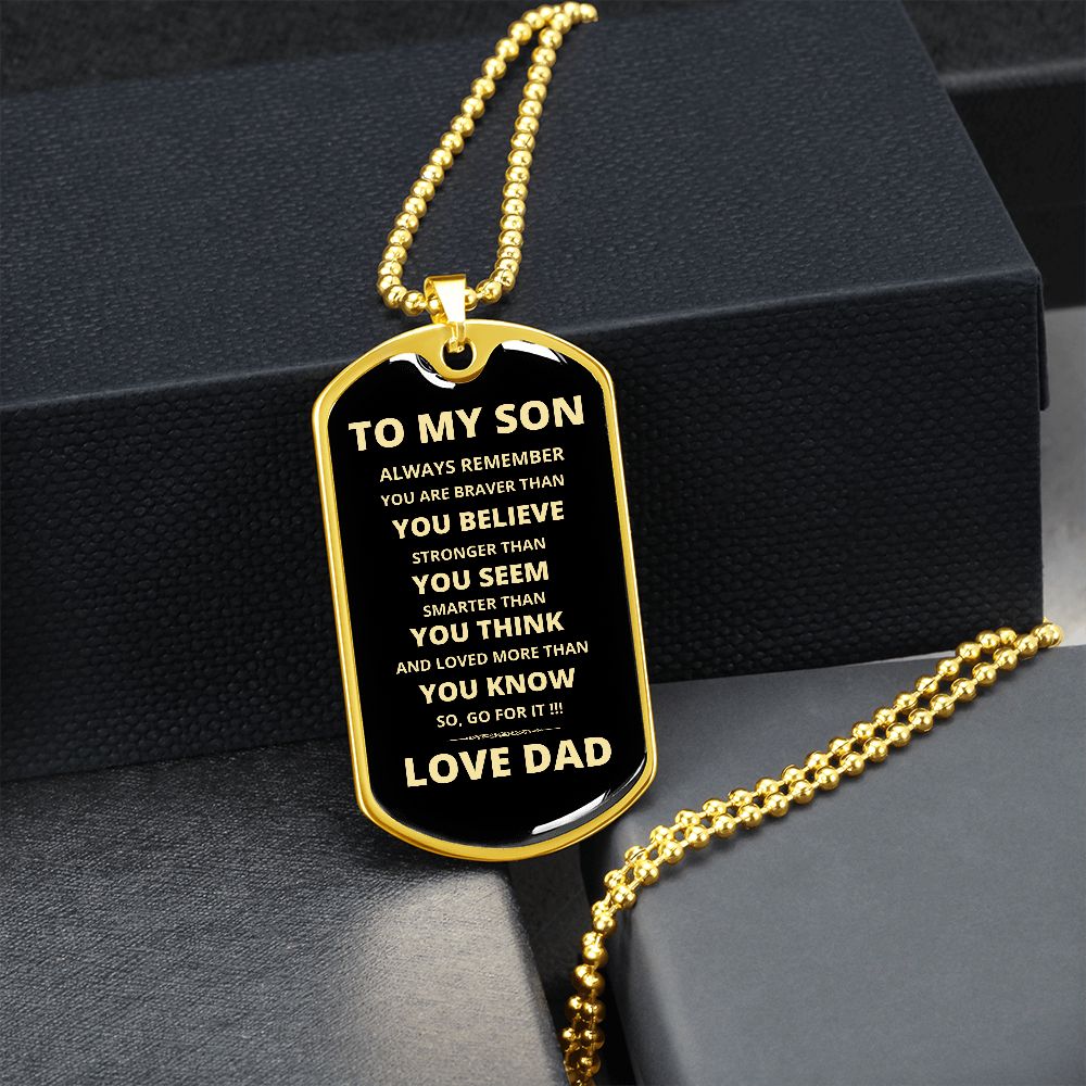 To My Son | Go for It Dog Tag Necklace | From Dad | Gold Font