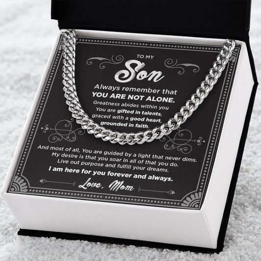 To My Son Cuban Chain Necklace with Black & Grey Message Card