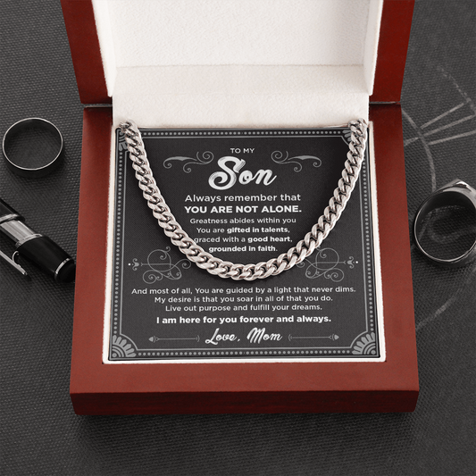 To My Son Cuban Chain Necklace with Black & Grey Message Card