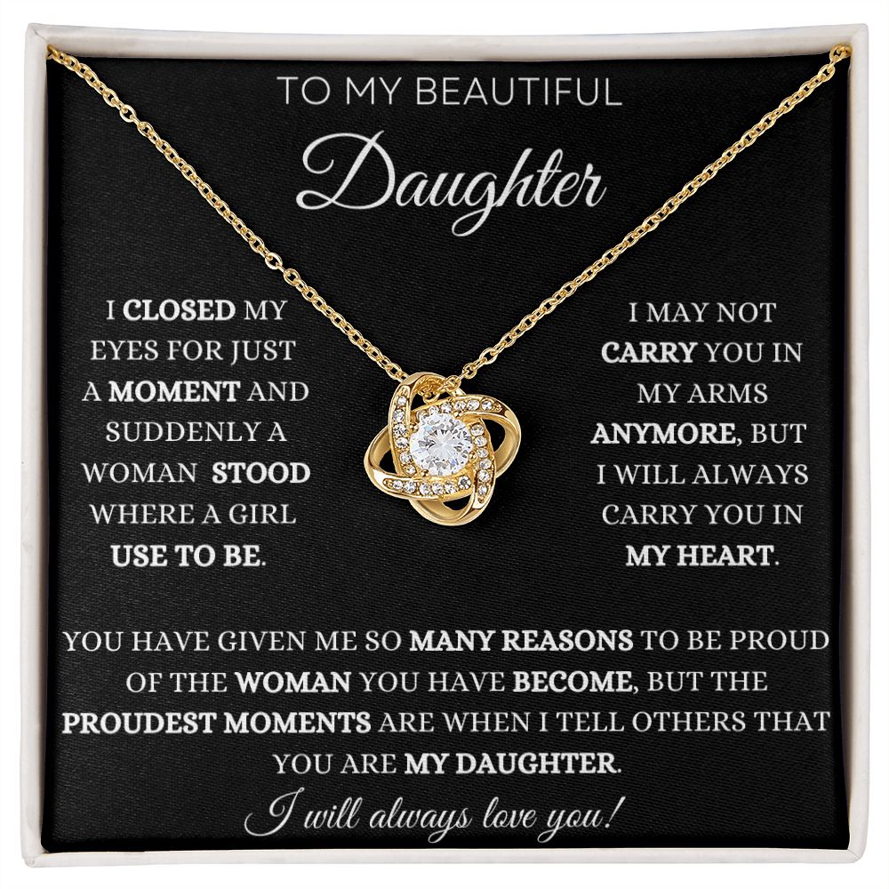 To My Daughter - Proud Moments - Love Knot Necklace - Black Card - White Text