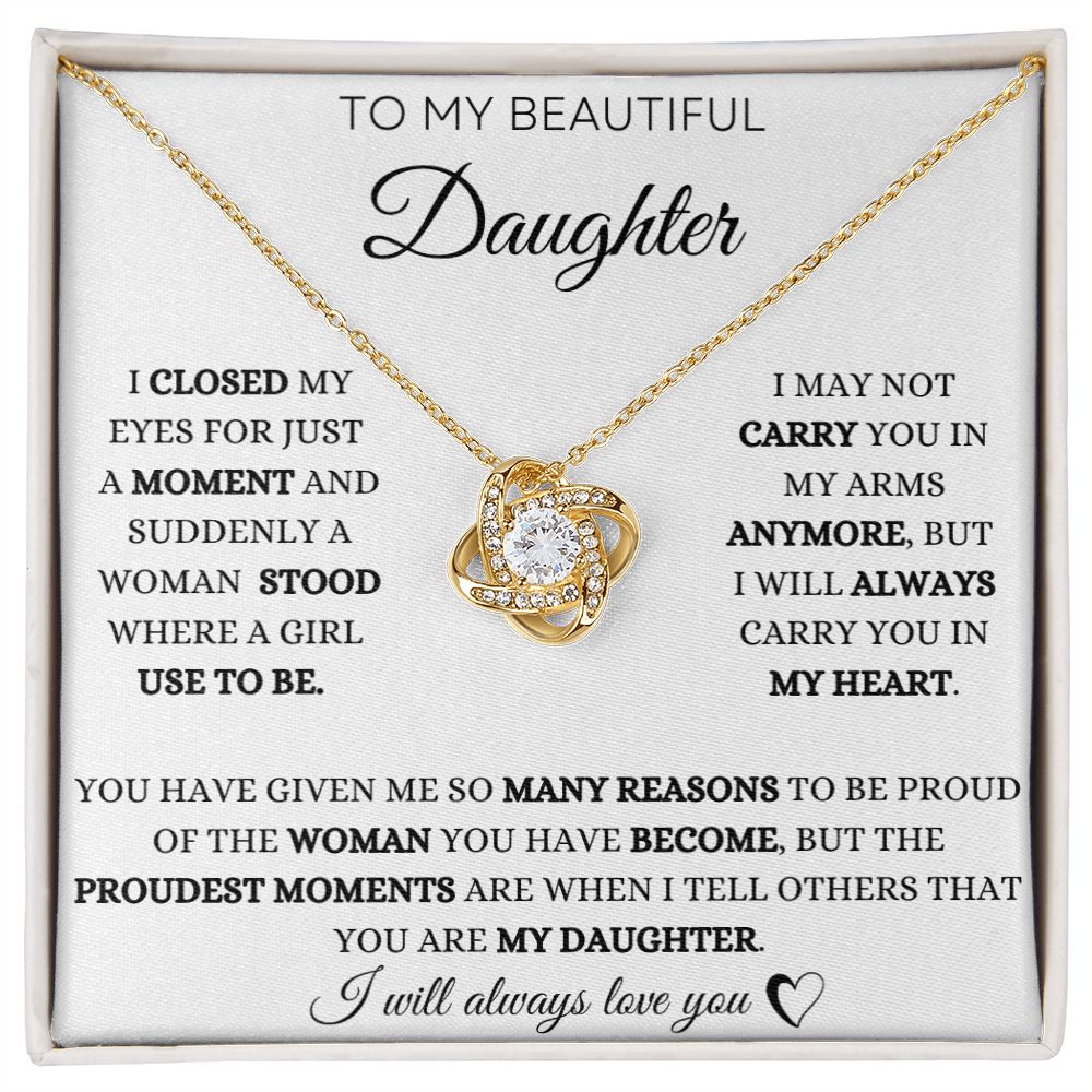 To My Daughter - Proud Moments - Love Knot Necklace - White Card - Black Text