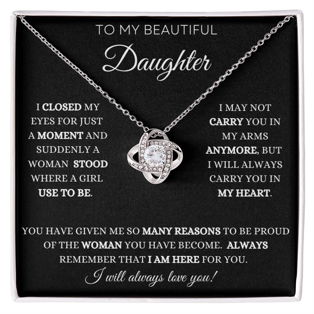 To My Daughter Love Knot Necklace - Black Card - White Text