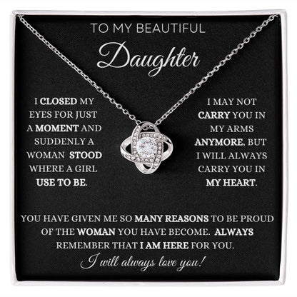 To My Daughter Love Knot Necklace - Black Card - White Text