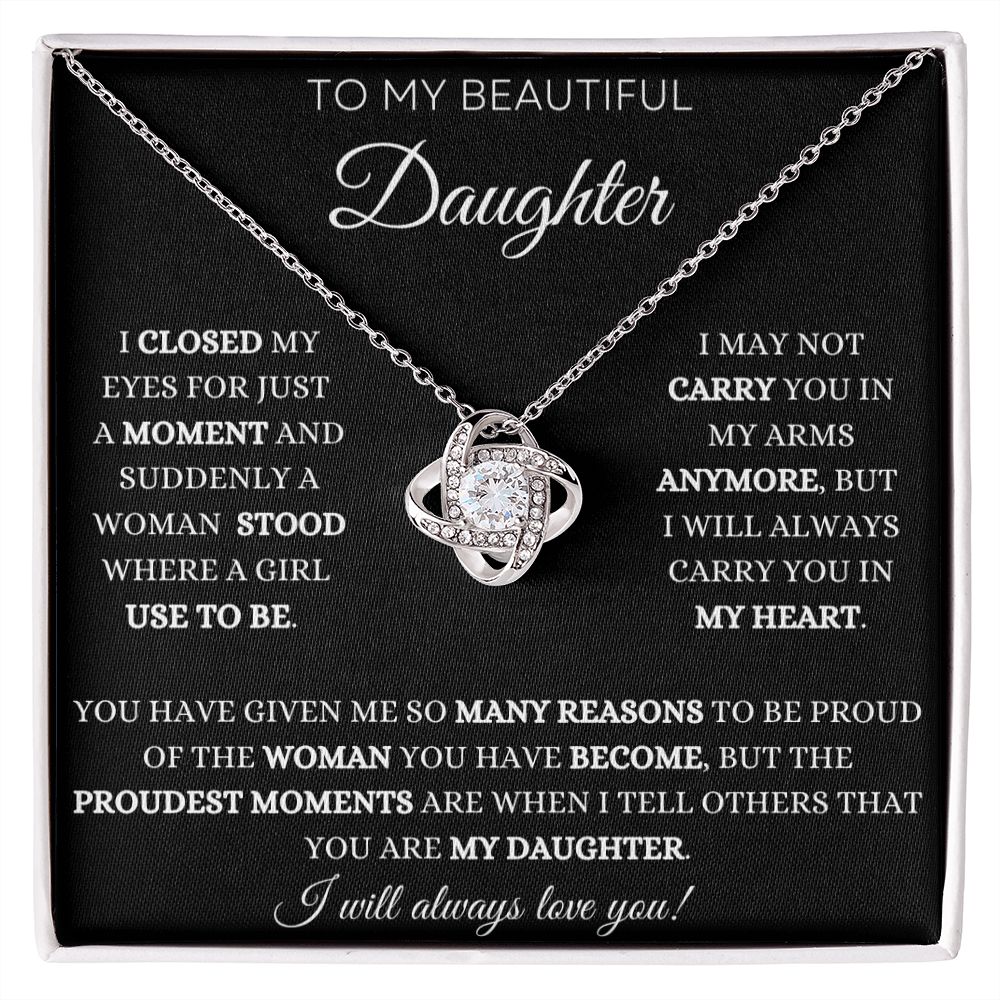 To My Daughter - Proud Moments - Love Knot Necklace - Black Card - White Text
