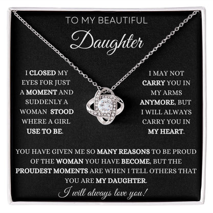 To My Daughter - Proud Moments - Love Knot Necklace - Black Card - White Text