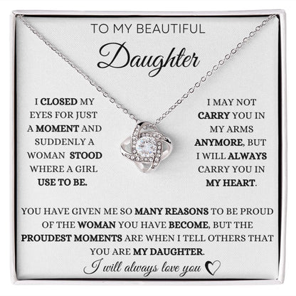To My Daughter - Proud Moments - Love Knot Necklace - White Card - Black Text