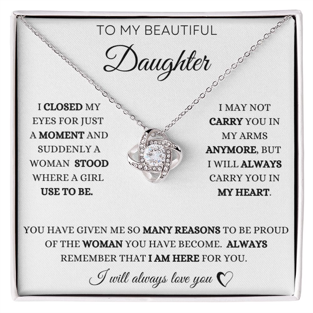 To My Daughter Love Knot Necklace - White Card - BlackText