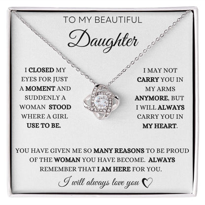 To My Daughter Love Knot Necklace - White Card - BlackText