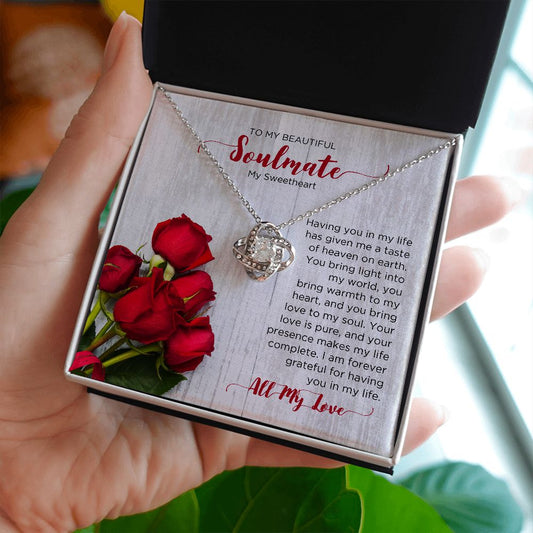 To My Soulmate Love Knot Necklace - Sweetheart  | Valentines Gift for Wife Girlfriend Fiancée, Anniversary Necklace, Birthday Gift