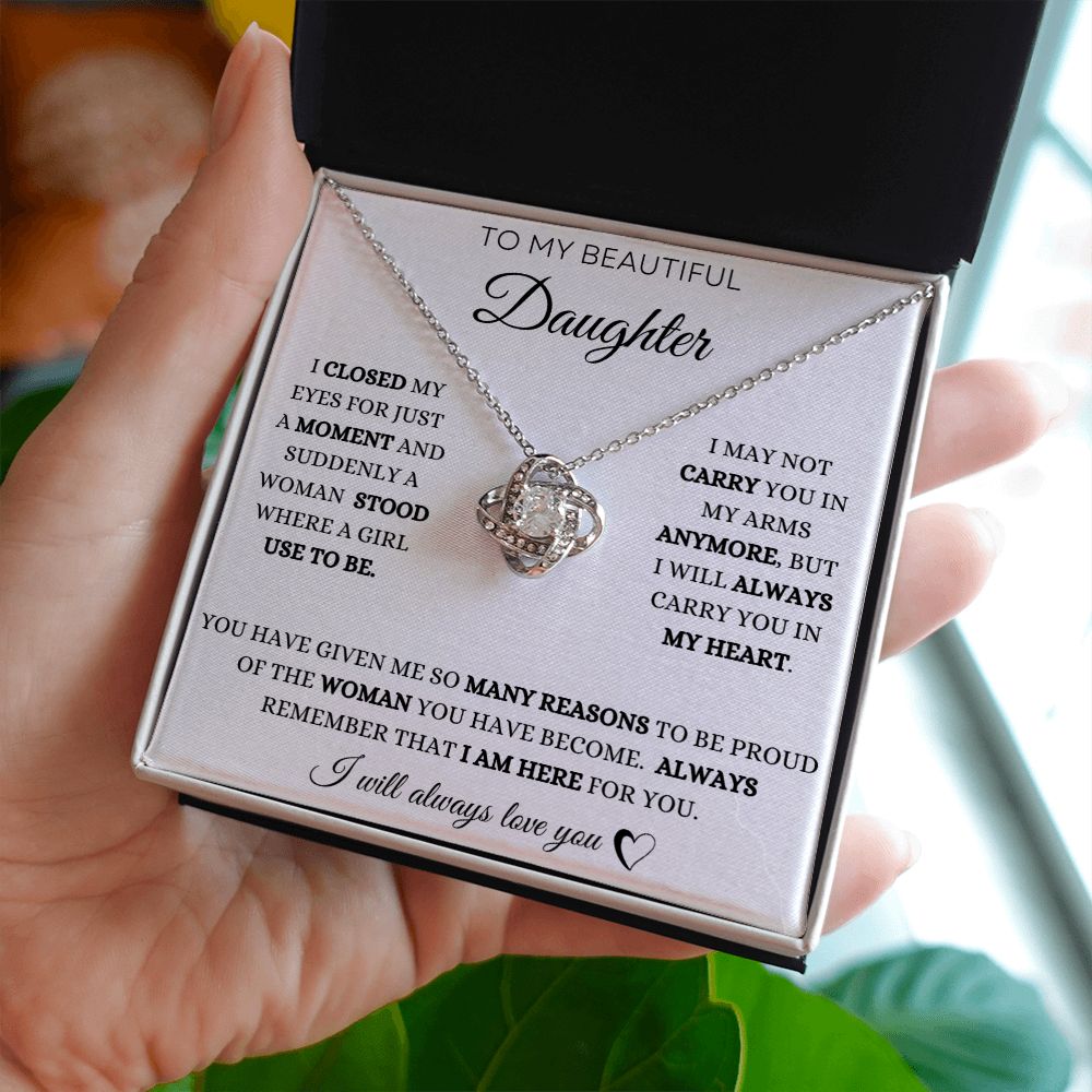 To My Daughter Love Knot Necklace - White Card - BlackText