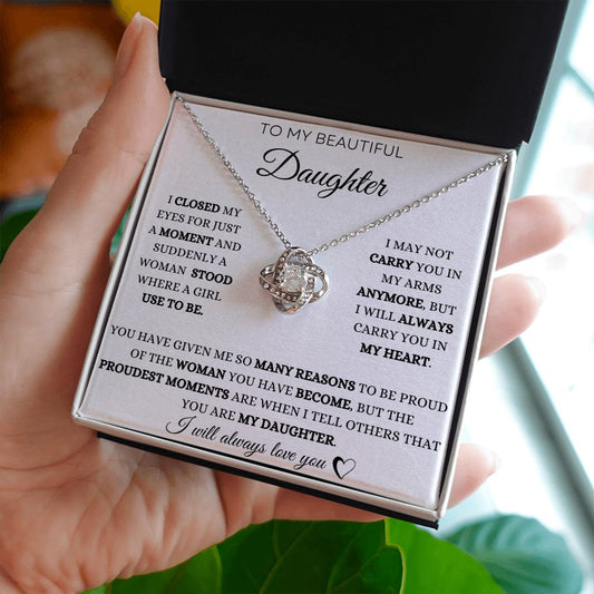 To My Daughter - Proud Moments - Love Knot Necklace - White Card - Black Text