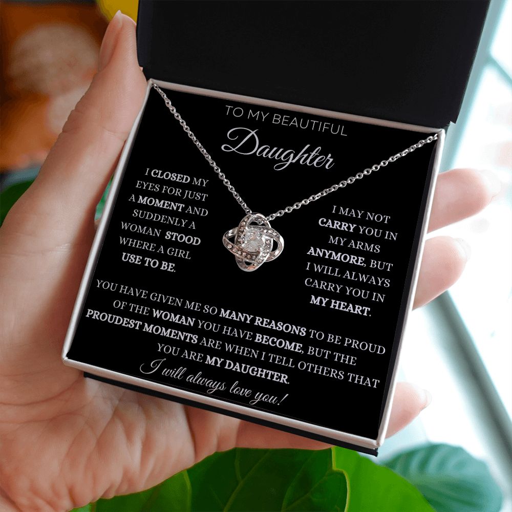 To My Daughter - Proud Moments - Love Knot Necklace - Black Card - White Text