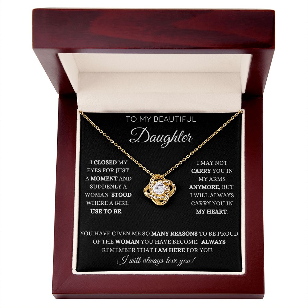 To My Daughter Love Knot Necklace - Black Card - White Text