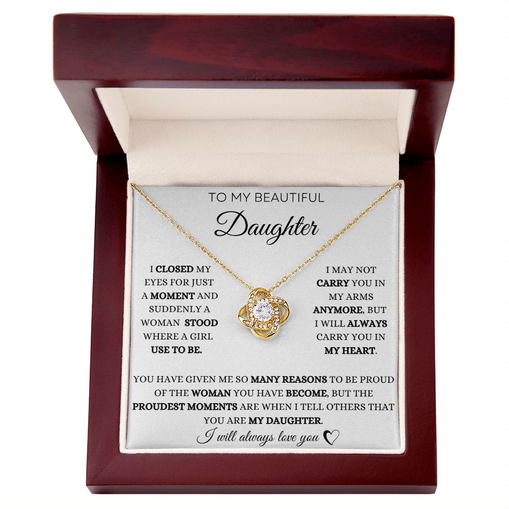 To My Daughter - Proud Moments - Love Knot Necklace - White Card - Black Text