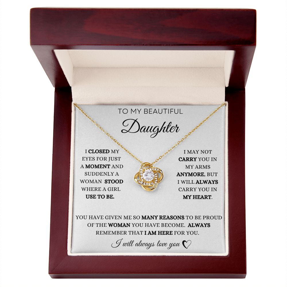 To My Daughter Love Knot Necklace - White Card - BlackText