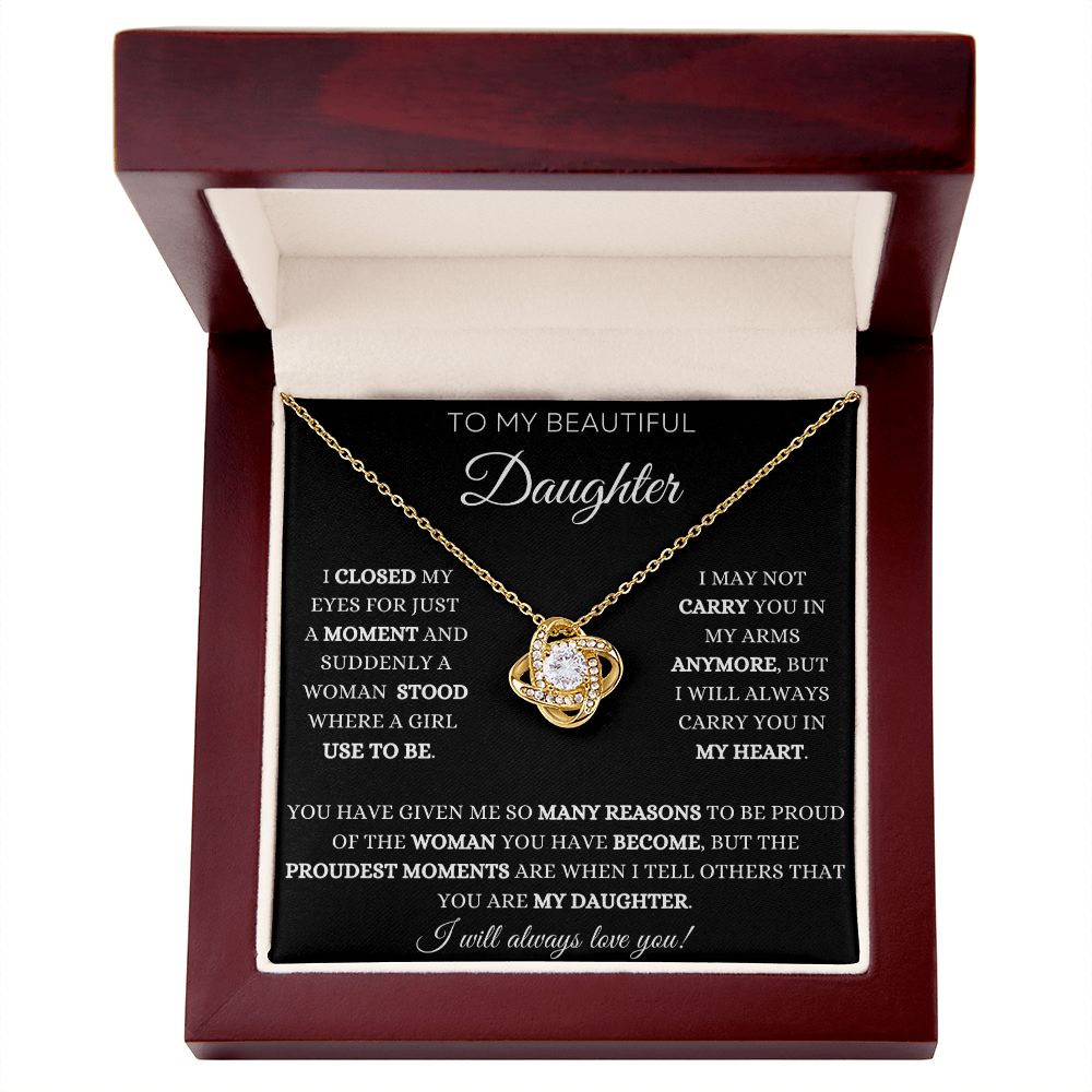 To My Daughter - Proud Moments - Love Knot Necklace - Black Card - White Text