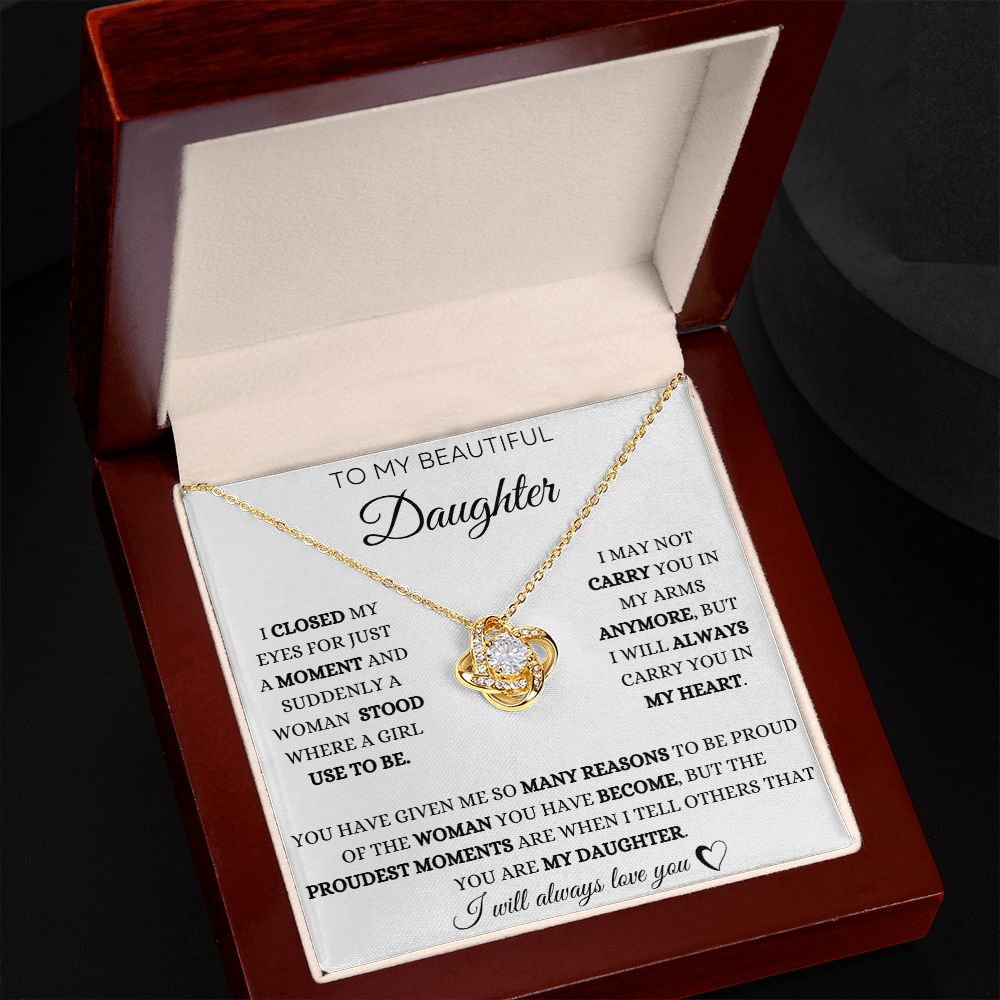 To My Daughter - Proud Moments - Love Knot Necklace - White Card - Black Text