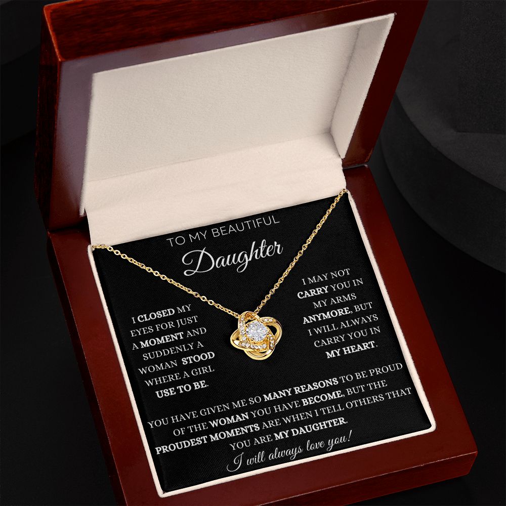 To My Daughter - Proud Moments - Love Knot Necklace - Black Card - White Text