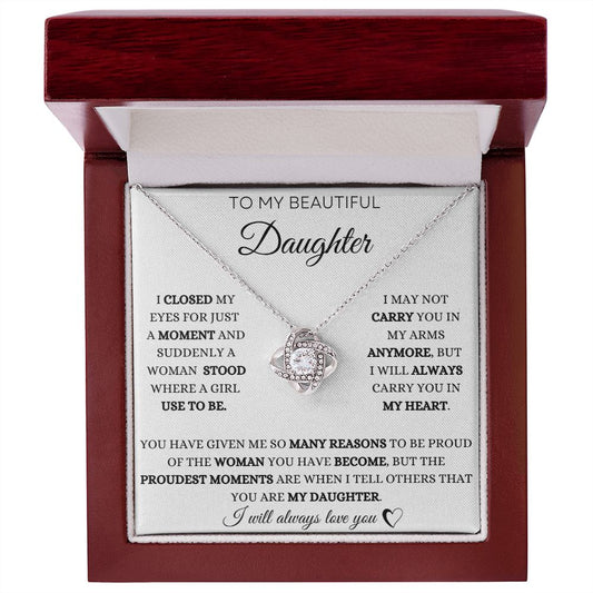 To My Daughter - Proud Moments - Love Knot Necklace - White Card - Black Text