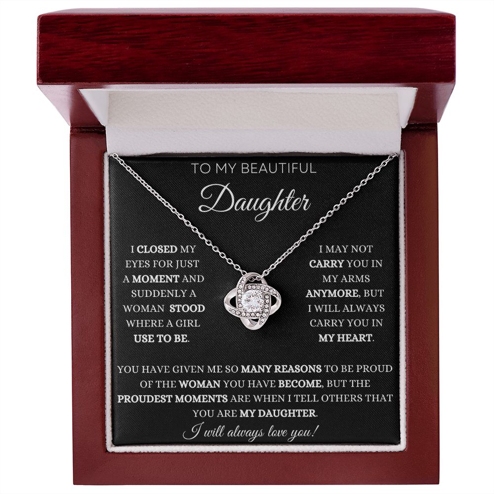 To My Daughter - Proud Moments - Love Knot Necklace - Black Card - White Text