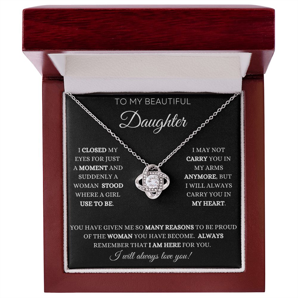 To My Daughter Love Knot Necklace - Black Card - White Text