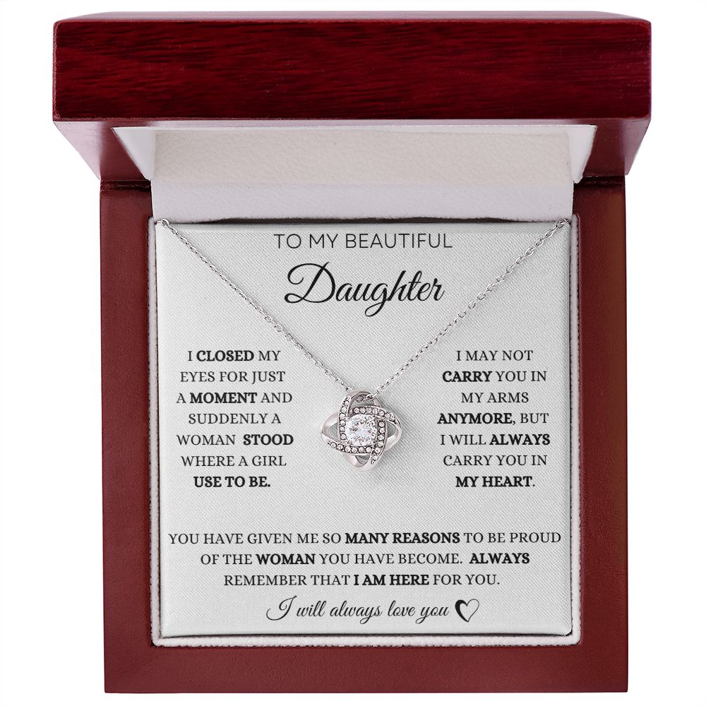 To My Daughter Love Knot Necklace - White Card - BlackText