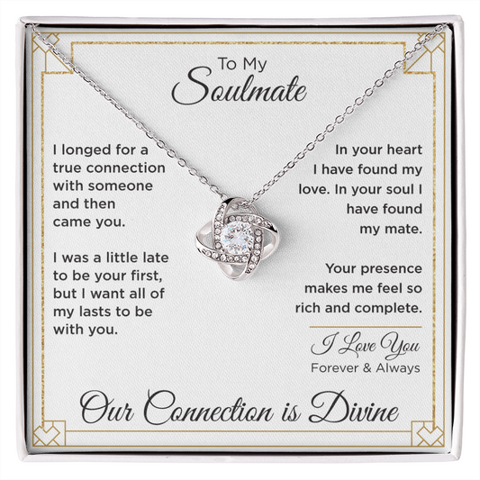 To My Soulmate Love Knot Necklace - White & Gold Card
